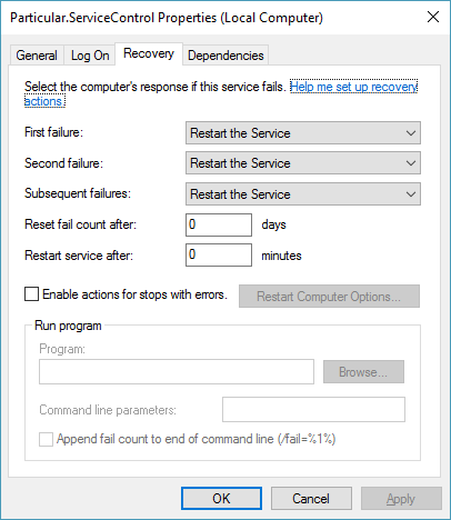 Windows Service properties Recovery tab