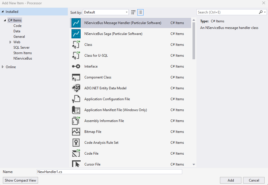 Create a message handler in Visual Studio using the item template