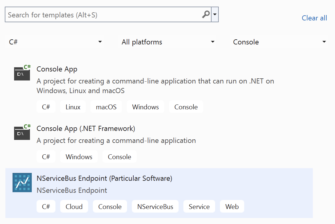 NServiceBus endpoint template in the Visual Studio New Project dialog