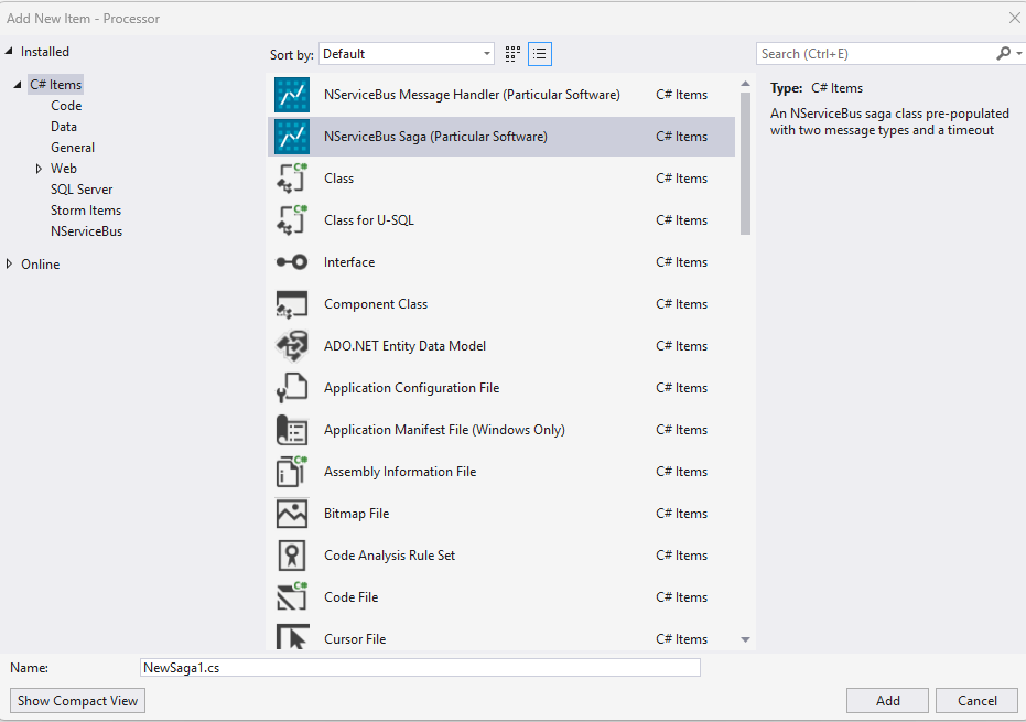 Create a saga in Visual Studio using the item template