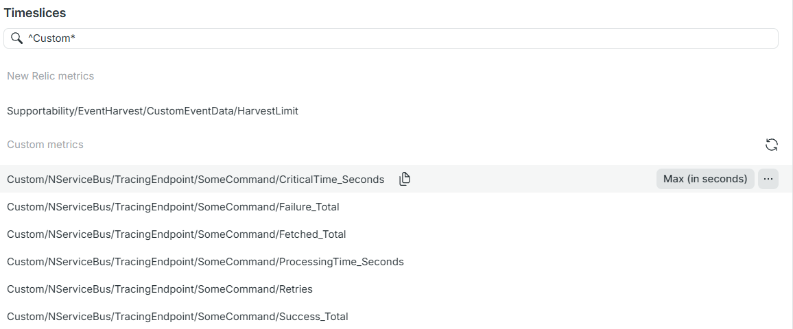 New Relic Data Explorer showing Timeslices filtered to custom NServiceBus metrics