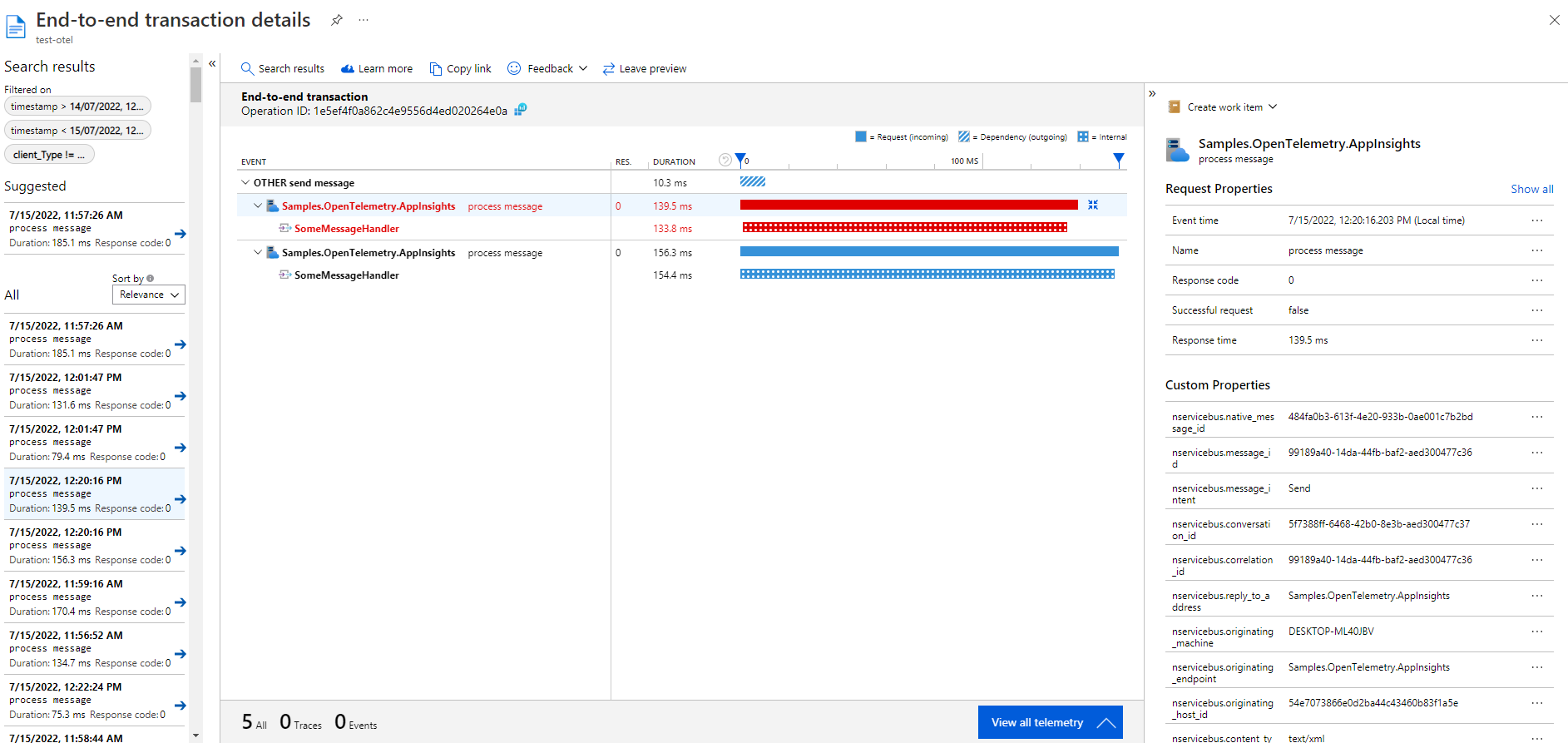 Timeline view of a trace in Application Insights