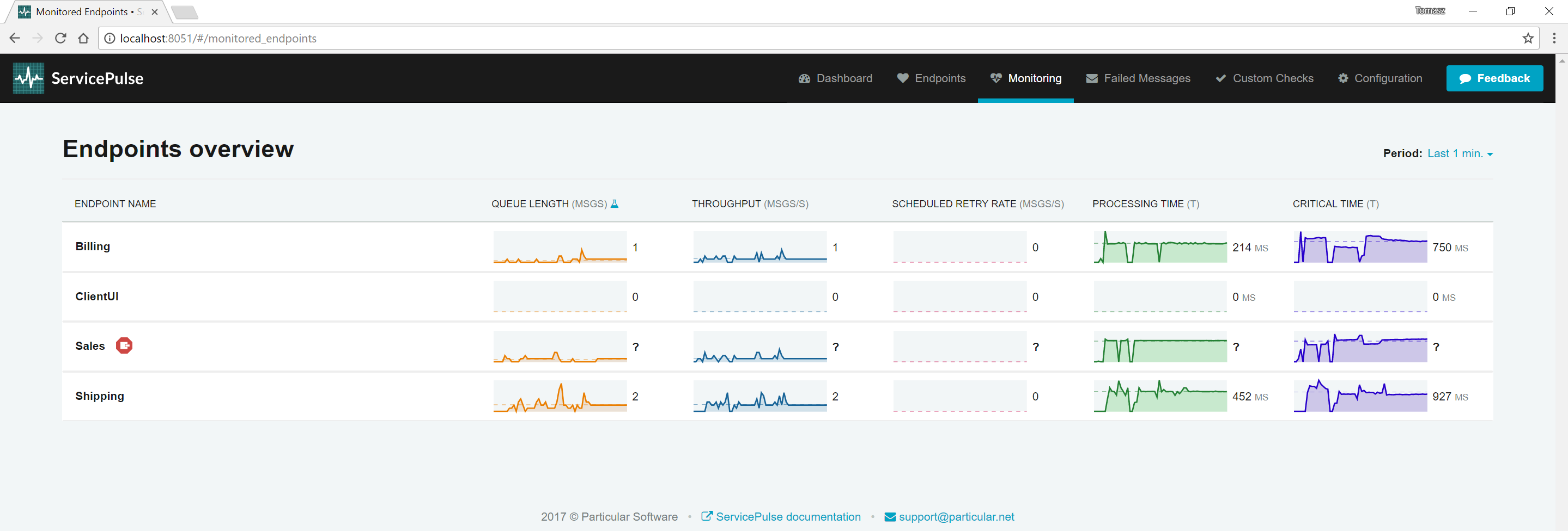 ServicePulse Monitoring tab showing the instance of Sales endpoint has stopped sending data